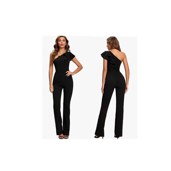 SUGAR POISON Women's Sleeveless Ruffle One Shoulder High Waist Long Jumpsuit - Picture 1 of 7